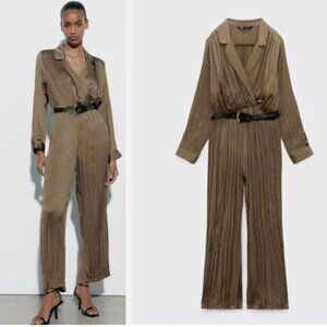 NWT Olive Green Zara Satin Effect Jumpsuit with Belt | XS